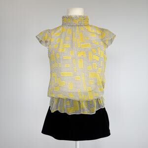 Charlotte Russe Blouse Womens M Yellow Geometric Ruffle High Neck Sheer Top